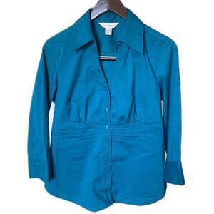 Christopher & banks Women's Turquoise 3/4 Sleeve Button Up Blouse Shirt Size M